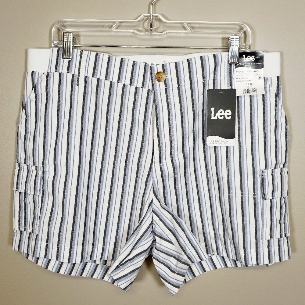 Lee women's regular fit Mid rise stripes white blue and gray short Size 16M